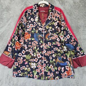 HAH We Are Shirt Womens Small Navy Floral Bird Pajama Top Lounge Button Front